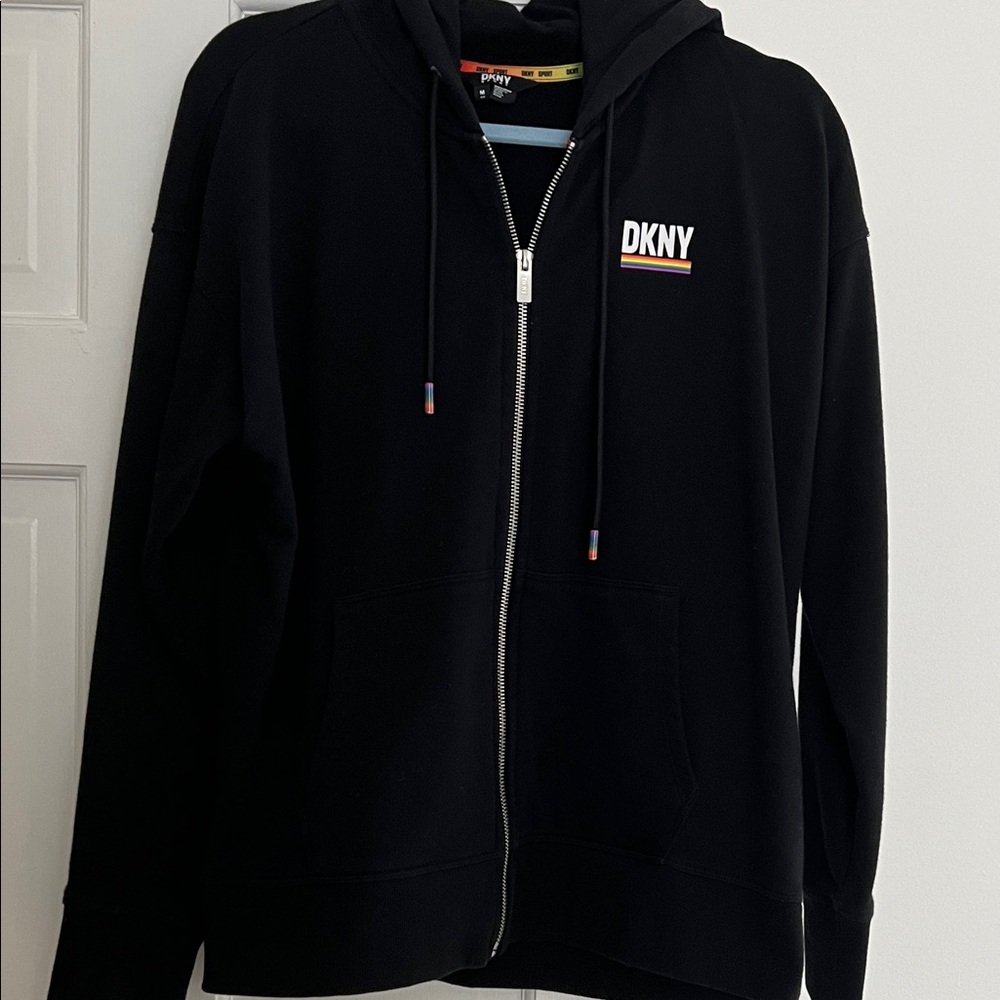 DKNY Black Zip Hoodie with Multicolor Stripe Logo